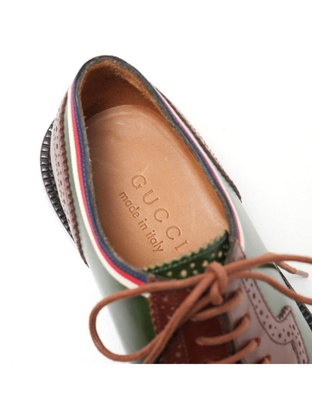 Gucci 5 Leather Shoes Dress Lace Up Green Brown - Picture 6 of 7